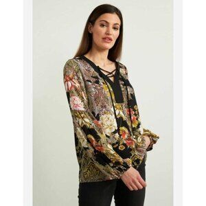 JOSEPH RIBKOFF Top Size 16 Black Multi Color Paisley Floral Print Chiffon